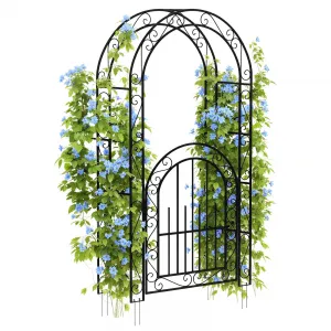 8FT Heavy Duty Garden Arch Trellis with Gate, Powder Coated Steel Arbor for Climbing Roses, Vines & Plants, Weather-Resistant Outdoor Wedding Arch with Stakes for Quick Setup