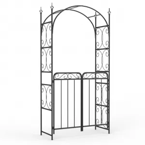 Garden Arch Arbor with Gate - Iron Trellis for Climbing Vines, Double-Door Gate, Weather-Resistant Powder Coating, Black, Wedding & Outdoor Decor