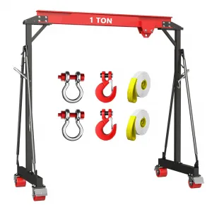 1 T Adjustable Gantry Crane 2200 LBS Capacity, 8-12 ft Height, Manual Trolley, Hook & Shackles, Warehouse, Factory, Steel, Portable Design