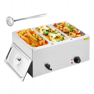 21QT Electric Food Warmer with Triple Compartments & Adjustable Temp Control, Stainless Steel, Drainage Faucet, Removable Pans, Ideal for Catering Buffets