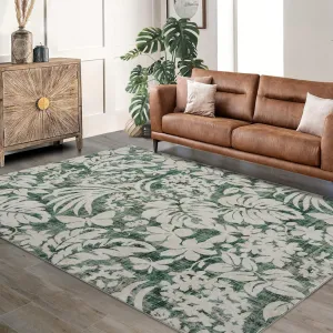 Area Rug Botanical Floral Leaf Accent Carpet Non-Slip Stain-Resistant Indoor 8x10 ft Green