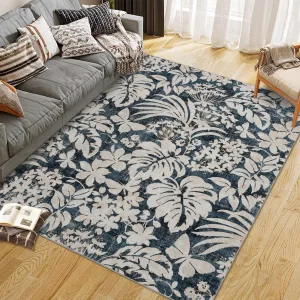 Area Rug 9'x12' Botanical Floral Leaf Printed Accent Carpet with Non-Slip Backing, Stain-Resistant Indoor Carpet Blue