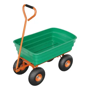 Garden Dump Cart 600 lb Capacity with Quick-Release Dump, 180° Adjustable Handle, Steel & Polypropylene, All-Terrain Tires, Green/Orange, Yard Utility Wagon