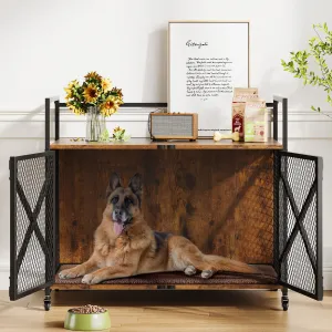 41 Inch Dog Crate Furniture, Heavy Duty Dog Cage Furniture for Medium Dogs, Wooden Crates Indoor Kennels with Lockable 360° Wheels, Sturdy Dog Kennel Furniture Dog Crate with Divider