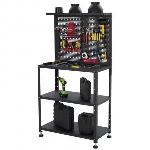 32" Workbench with Pegboard - Heavy-Duty Steel Workbench Organizer with Hanging Kits and 2-Tier Storage Shelves, Multipurpose Tool Workstation for Garage and Workshop