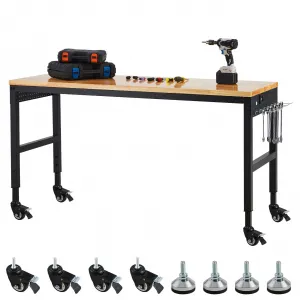 72"x25" Adjustable Workbench, Heavy-Duty Garage Work Table with Power Outlets, Rubber Wood Top, 4 Lockable Wheels, 29.5"-38.4" Height, 2000 lbs Capacity for Workshop, Home, and Office