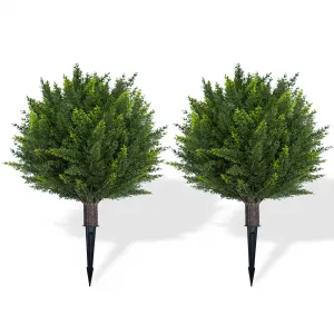 18" Artificial Cedar Topiary Ball Trees, UV Resistant Outdoor Fake Plants with Ground Spike, Faux Evergreen Bushes for Indoor Front Porch Garden, Set of 2