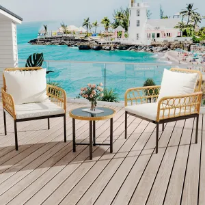 3 Piece Outdoor Wicker Patio Bistro Set, All-Weather Rattan Conversation Set with Glass Top Coffee Table & Cushioned Chairs, Boho Balcony Furniture for Backyard, Poolside, Garden, Beige