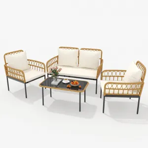 4-Piece Outdoor Wicker Patio Bistro Set All-Weather Rattan with Glass Top Coffee Table, Loveseat & 2 Armchairs, Cushions Included, BeigeTable & Loveseat & 2 Armchairs Chairs Cushions,Boho Balcony Furniture for Backyard, Garden,Beige