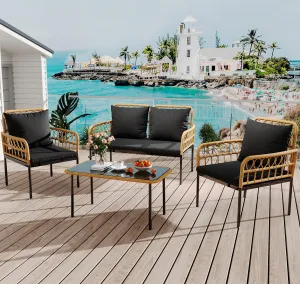 4-Piece Outdoor Wicker Patio Bistro Set All-Weather Rattan with Glass Top Coffee Table, Loveseat & 2 Armchairs, Cushions Included, Blackveseat & 2 Armchairs Chairs Cushions,Boho Balcony Furniture for Backyard, Garden,Black