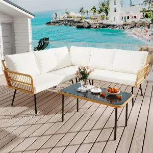 4-Piece Outdoor Wicker L-Shaped Sectional Set, All-Weather Rattan with Glass Top Coffee Table & Cushioned Chairs, Beigeable & Cushioned Chairs, Boho Balcony Furniture for Backyard, Poolside, Garden, Beige