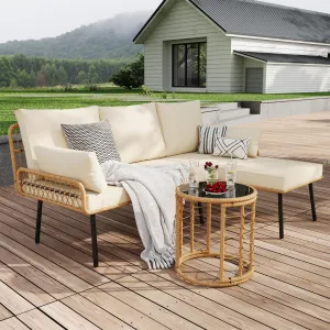 3-Piece All-Weather Wicker Patio Furniture Set, Outdoor Sectional L-Shaped Sofa With Washable Cushions and Tempered Glass Coffee Table for Deck, Poolside, Backyard