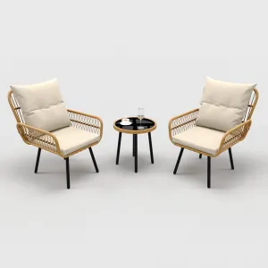 3 Piece Outdoor Wicker Patio Bistro Set, Rattan Conversation Set with Glass Top Coffee Table and Cushioned Chairs, All-Weather Balcony Furniture Set for Poolside, Garden, Backyard, Beige