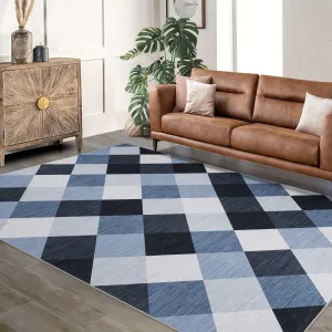 Non-Slip Washable Checkered Runner Rug - Navy and White Plaid Carpet - Modern Geometric Area Rug for Hallway, Entryway, Kitchen, Bedroom, Living Room - 10x13ft, Blue