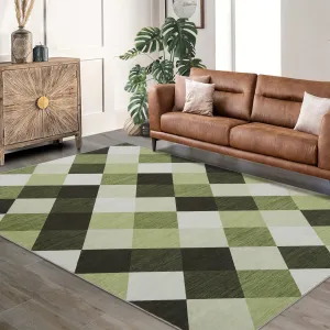 Non-Slip Washable Checkered Runner Rug - Green and White Plaid Carpet - Modern Geometric Indoor Area Rug for Hallway, Entryway, Kitchen, Bedroom, Living Room - 4x6ft, Green