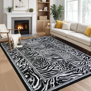 Living Room Rug 8x10 Washable, Soft Leopard Patchwork Print Large Area Rugs for Bedroom Low Pile Non-Slip Dining Room Rugs Indoor Floor Carpet, Grey