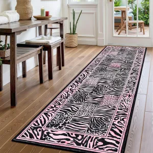 Washable Leopard Patchwork Runner Rug - Soft Non-Slip Low Pile Carpet for Hallway, Entryway, Kitchen - Pink, 2x8ft