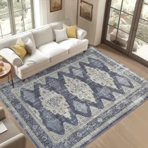Washable Area Rugs 5x7 for Living Room, Soft Vintage Large Bedroom Rug Foldable Indoor Floor Carpet, Farmhouse Low Pile Non-Slip Throw Rugs for Bedroom Dining Room, Blue Multi
