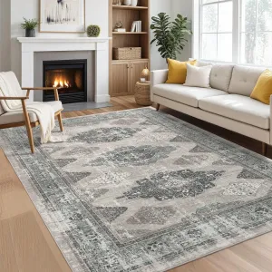 9x12 Area Rug for Living Room Washable, Soft Vintage Large Bedroom Rugs Retro Indoor Floor Carpet, Farmhouse Low Pile Non-Slip Accent Rugs for Dining Room, Sage Green Multi