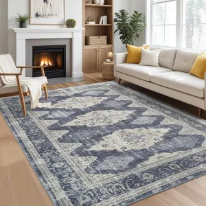 8x10 Living Room Rug Washable, Soft Vintage Large Area Rugs for Bedroom Classic Retro Indoor Floor Carpet, Farmhouse Low Pile Non-Slip Rugs for Living Room Dining Room, Blue Multi