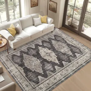 Area Rug 5x7 Washable, Soft Vintage Large Bedroom Rug Retro Foldable Low Pile Indoor Floor Carpet, Farmhouse Non-Slip Throw Rugs for Living Room Dining Room, Taupe Multi