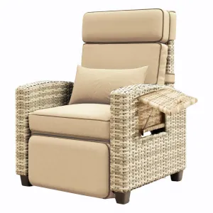 Outdoor Recliner Chair with Cushion, Adjustable Patio Lounge Chair with Flip-Up Side Table, 145° Reclining Backrest & Footrest, All-Weather PE Wicker, for Deck, Balcony, Poolside, Porch