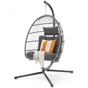 Patio Rattan Egg Chair with Stand, Hammock Chair with Thickened Aluminum Alloy Steel Frame and UV Resistant Cushion, Grey