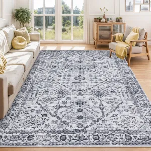 Living Room Rugs 8x10 Washable, Soft Vintage Large Area Rugs for Bedroom Boho Farmhouse Low Pile Non-Slip Indoor Carpet Rugs for Living Room Dining Room Home (Grey, 8'x10')