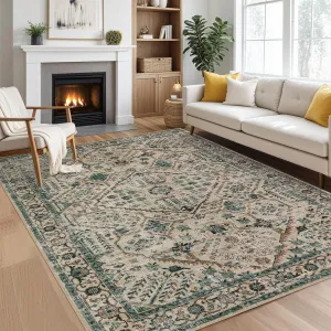 8x10 Living Room Rugs, Soft Vintage Large Neutral Area Rugs for Bedroom Boho Farmhouse Low Pile Non-Slip Indoor Carpet Rugs for Living Room Dining Room Home (Beige/Blue, 8'x10')