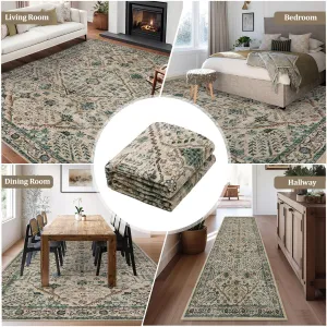 Washable Runner Rug 2x6, Soft Vintage Boho Farmhouse Non-Slip Kitchen Runner for Bedroom Laundry Room, Beige and Blue