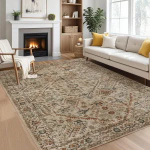 8x10 Neutral Rugs for Living Room, Soft Vintage Large Area Rugs for Bedroom Boho Farmhouse Low Pile Non-Slip Washable Indoor Carpet Rugs for Living Room Dining Room Home (Beige/Orange, 8'x10')