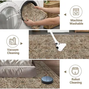 Hallway Runner Rug 2x6, Soft Vintage Washable Kitchen Runners, Boho Retro Low Pile Non-Slip Neutral Rug Runners for Hallways Bedroom Laundry Room, Beige and Orange