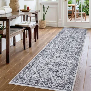 Runner Rug 2x6 Soft Vintage Washable Non-Slip Kitchen Runner Low Pile Boho Farmhouse Carpet Grey