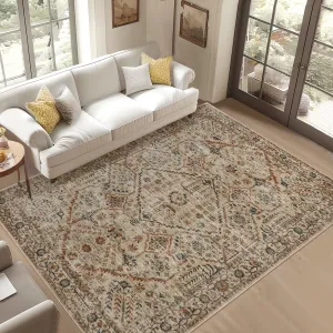 10x13 Area Rugs for Living Room Washable, Soft Vintage Large Neutral Bedroom Rugs Boho Farmhouse Low Pile Non-Slip Indoor Carpet Rugs for Dining Room (Beige/Orange, 10'x13')