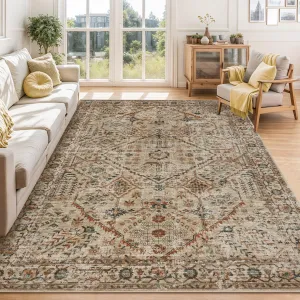 9x12 Area Rugs for Living Room Washable, Soft Vintage Large Neutral Bedroom Rugs Boho Farmhouse Low Pile Non-Slip Indoor Carpet Rugs for Bedroom Dining Room (Beige/Orange, 9'x12')