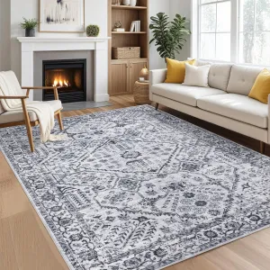 5x7 Area Rugs for Living Room Washable, Soft Vintage Large Bedroom Rugs, Boho Farmhouse Low Pile Non-Slip Indoor Throw Carpet Rugs for Bedroom Dining Room (Grey, 5'x7')