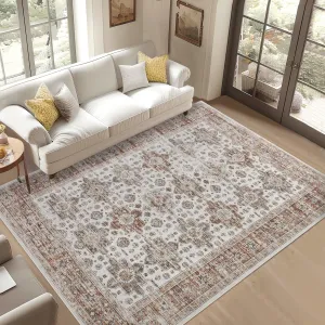 9x12 Rugs for Living Room Washable, Soft Vintage Large Area Rugs for Bedroom Boho Farmhouse Low Pile Non-Slip Indoor Carpet Rugs for Dining Room Home (Beige, 9'x12')