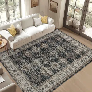Area Rugs 5x7 Washable, Soft Vintage Large Bedroom Rugs, Boho Farmhouse Low Pile Non-Slip Indoor Throw Carpet Rugs for Living Room Dining Room (Black, 5'x7')