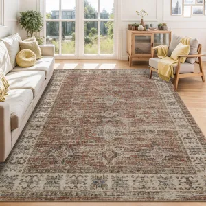 5x7 Washable Area Rugs, Soft Vintage Large Area Rugs for Living Room, Boho Farmhouse Low Pile Non-Slip Indoor Throw Carpet Rugs for Bedroom Dining Room (Orange, 5'x7')