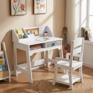 Kids Study Desk and Chair Set, Wood Writing Table with Storage Bins, Kids Study Desk with Bookshelf, Bulletin Board, Computer Desk for Boys Girls
