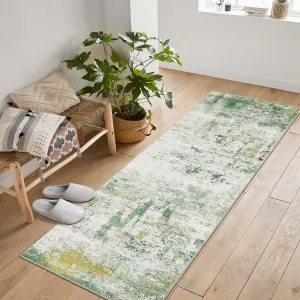 Washable Area Rugs 2ft x 6ft Non-Slip Modern Abstract Soft Faux Wool Rug for Living Room Entryway Bedroom Green