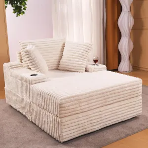 Oversized Chaise Lounge Chair Indoor with Storage Ottoman, Upholstered Corduroy Sofa Bed Cloud Couch with 3 Pillows, Single Sleeper Sofa, Reading Gaming Chair for Living Room, Bedroom, Beige