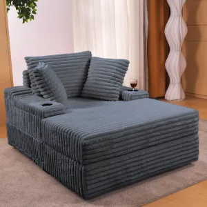 Oversized Chaise Lounge Chair Indoor with Storage Ottoman, Upholstered Corduroy Sofa Bed Cloud Couch with 3 Pillows, Single Sleeper Sofa Chair for Living Room, Bedroom, Gray