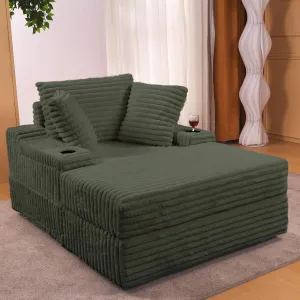 Oversized Chaise Lounge Chair Indoor with Storage Ottoman, Upholstered Corduroy Sofa Bed Cloud Couch with 3 Pillows, Single Sleeper Sofa, Reading Gaming Chair for Living Room, Bedroom, Green