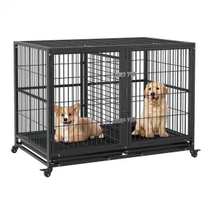 Heavy Duty Dog Crate, 48 Inch Dog Crate with Double Door, 360° Lockable Wheels and Removable Tray, Easy to Assembly, Indoor Outdoor Dog Cage for Small Medium Large Dogs
