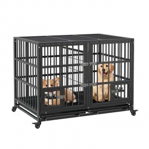 Heavy Duty Dog Crate with Food Bowl, 48 Inch Escape-Proof Metal Kennel with Divider, Double Doors, Removable Tray, Lockable Wheels, Indoor Outdoor Dog Cage for Small to Large Dogs
