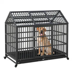 52-Inch Escape-Proof Dog Crate, Indestructible Steel Dog Kennel with Locking Wheels, Anxiety Relief Pet Cage for Medium/Large Dogs, Indoor/Outdoor Use