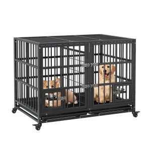 Heavy Duty Sliding Rail Dog Crate, 42 Inch Dog Crate with Double Door, 360° Lockable Wheels and Removable Tray, Easy to Assembly, Indoor Outdoor Dog Kennel for Small to Large Dogs
