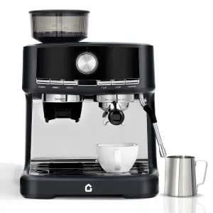 20 Bar Pressure Espresso Machine with Grinder, Milk Frother for Home/Office, 1.5L Removable Tank, Adjustable Shot Volume, Silver