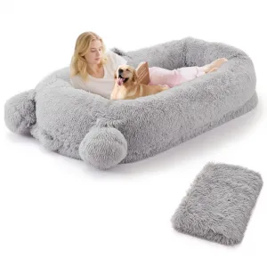 Human Dog Bed, 71 in x45 in x12 in Large Dog Bed with Blanket, Storage Pockets, Portable Handle, Removable Cover, Human Size Pet Bed for Adult, Gray